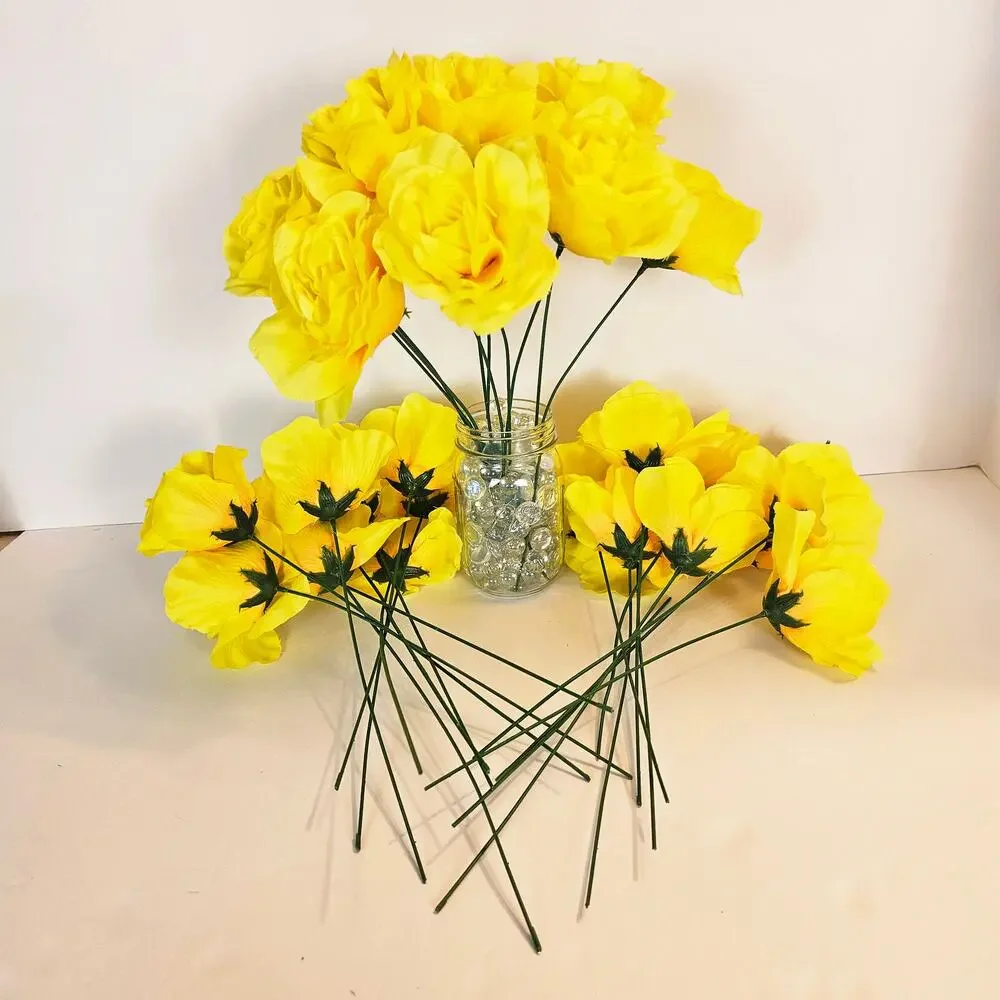 Yellow Artificial Silk Rose Flowers Wired Stems Wedding Craft 4